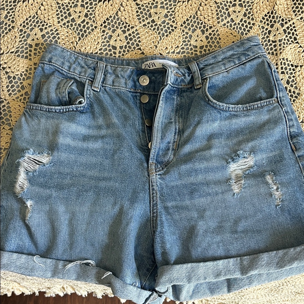 Zara Distressed Light Blue Jean Shorts